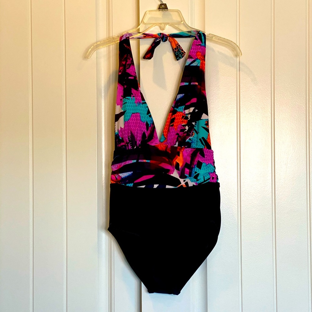 New! Colorful Plunging One Piece Tie Back SwimSuit